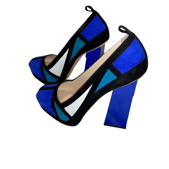 New Aperlai Geisha Mondrian Blue Suede Platform Heels Pumps Sz 38.5 Designer - Picture 3 of 13